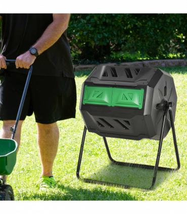 160L Outdoor Tumbling Compost Bin w/ Dual Chamber, Sliding Doors, Black