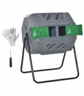 160L Outdoor Tumbling Compost Bin w/ Dual Chamber, Sliding Doors, Grey