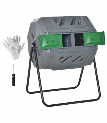 160L Outdoor Tumbling Compost Bin w/ Dual Chamber, Sliding Doors, Grey