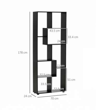 Bookcase 178cm 8-Shelf Black Melamine Surface Foot Pads Multipurpose 8-Grid