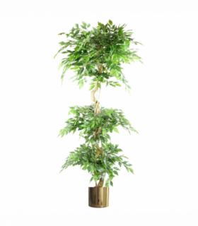 180cm Artificial Twisted Trunk Fruticosa Ficus Tree Triple Ball Topiary 1984 Leaves Gold Metal Planter