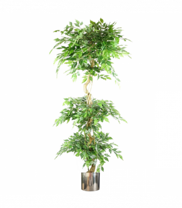 180cm Artificial Twisted Trunk Fruticosa Ficus Tree Triple Ball Topiary 1984 Leaves Silver Metal Planter