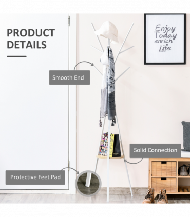 180cm Coat Rack Metal Clothes and Scarves Hat Hanger Hall Tree 9 Hooks-White