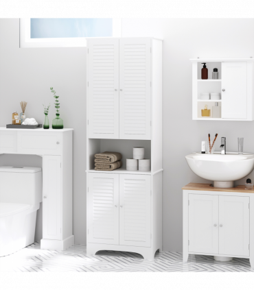 183x60cm Tall Freestanding Bathroom Cabinet Retro Shutters 3 Compartments White
