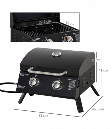 2 Burner Gas BBQ Grill Portable Folding Tabletop Barbecue Lid Thermometer Black
