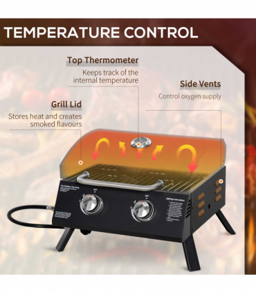 2 Burner Gas BBQ Grill Portable Folding Tabletop Barbecue Lid Thermometer Black