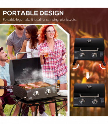2 Burner Gas BBQ Grill Portable Folding Tabletop Barbecue Lid Thermometer Black
