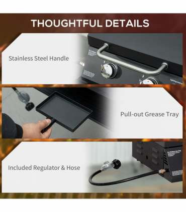 2 Burner Gas BBQ Grill Portable Folding Tabletop Barbecue Lid Thermometer Black