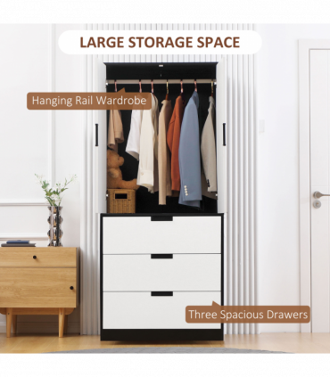 2 Door Wardrobe Modern Wardrobe with 3 Drawer and Hanging Rod for Bedroom White