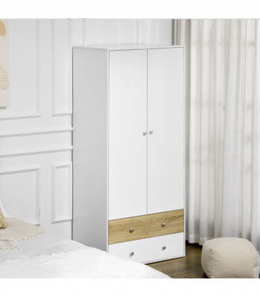 2 Door Wardrobe White Wardrobe with Drawers and Hanging Rod for Bedroom