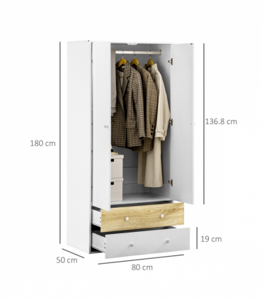 2 Door Wardrobe White Wardrobe with Drawers and Hanging Rod for Bedroom