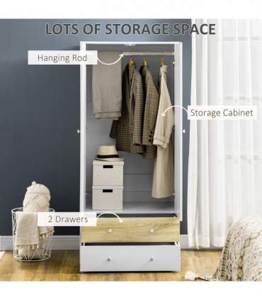 2 Door Wardrobe White Wardrobe with Drawers and Hanging Rod for Bedroom
