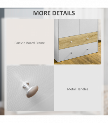 2 Door Wardrobe White Wardrobe with Drawers and Hanging Rod for Bedroom