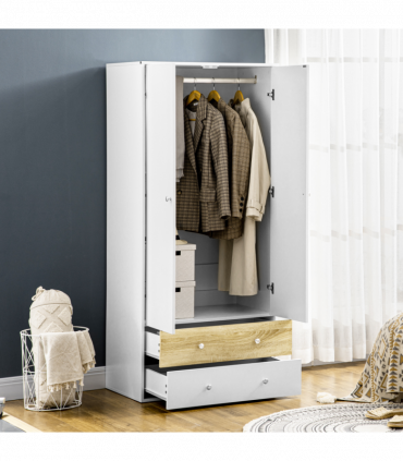 2 Door Wardrobe White Wardrobe with Drawers and Hanging Rod for Bedroom