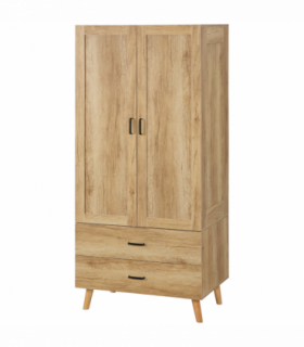 2 Door Wardrobe, Modern Wardrobe w/ 2 Drawer, Hanging Rail for Bedroom Natural
