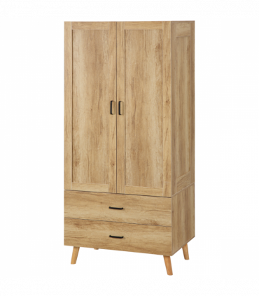 2 Door Wardrobe, Modern Wardrobe w/ 2 Drawer, Hanging Rail for Bedroom Natural