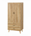 2 Door Wardrobe, Modern Wardrobe w/ 2 Drawer, Hanging Rail for Bedroom Natural