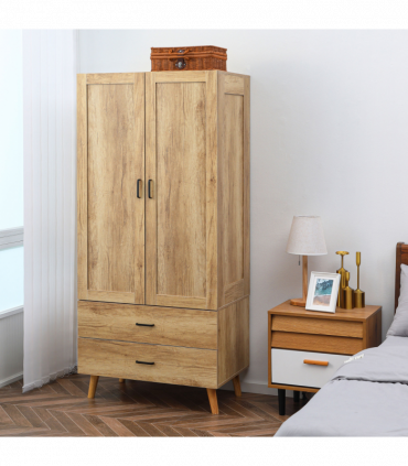 2 Door Wardrobe, Modern Wardrobe w/ 2 Drawer, Hanging Rail for Bedroom Natural