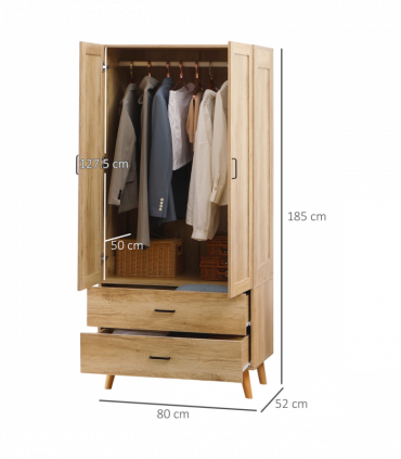 2 Door Wardrobe, Modern Wardrobe w/ 2 Drawer, Hanging Rail for Bedroom Natural