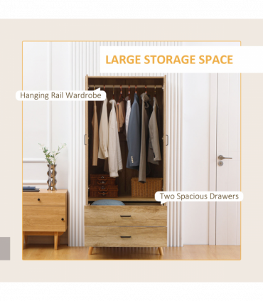 2 Door Wardrobe, Modern Wardrobe w/ 2 Drawer, Hanging Rail for Bedroom Natural
