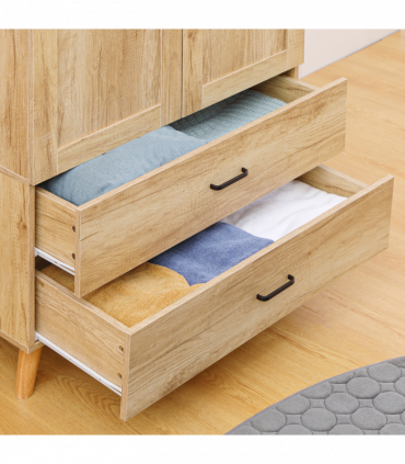2 Door Wardrobe, Modern Wardrobe w/ 2 Drawer, Hanging Rail for Bedroom Natural