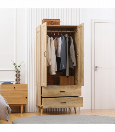 2 Door Wardrobe, Modern Wardrobe w/ 2 Drawer, Hanging Rail for Bedroom Natural