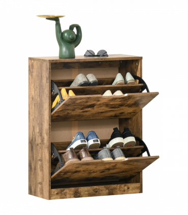 Shoe Cabinet Rustic Brown 81H x 62.5W x 26Dcm 2 Drawer Shoe Cupboard Flip Doors