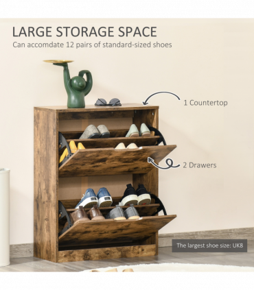 Shoe Cabinet Rustic Brown 81H x 62.5W x 26Dcm 2 Drawer Shoe Cupboard Flip Doors