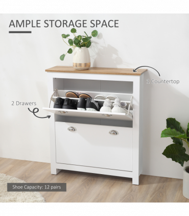 2 Drawer Shoe Cabinet Narrow Shoe Cupboard with Flip Doors White