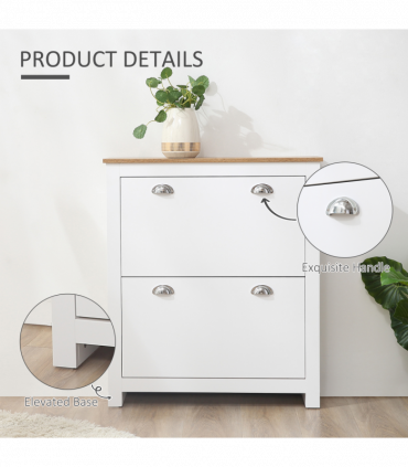 2 Drawer Shoe Cabinet Narrow Shoe Cupboard with Flip Doors White