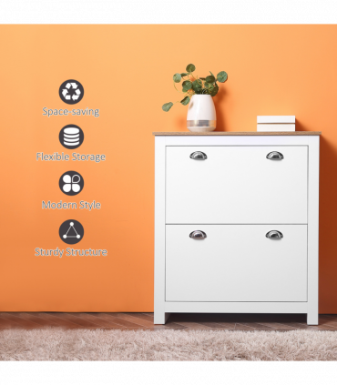 2 Drawer Shoe Cabinet Narrow Shoe Cupboard with Flip Doors White