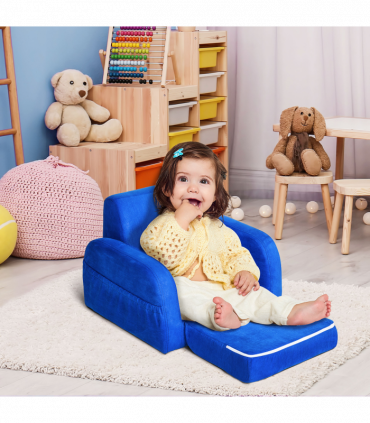 Kids Sofa Armchair Chair Blue Wood Flannel Foam 2 In 1 Fold Out Baby Bed Couch