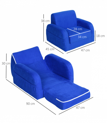 Kids Sofa Armchair Chair Blue Wood Flannel Foam 2 In 1 Fold Out Baby Bed Couch