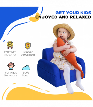 Kids Sofa Armchair Chair Blue Wood Flannel Foam 2 In 1 Fold Out Baby Bed Couch