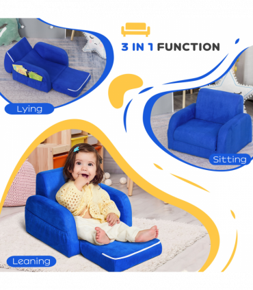 Kids Sofa Armchair Chair Blue Wood Flannel Foam 2 In 1 Fold Out Baby Bed Couch