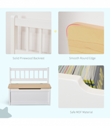 Toy Box - White MDF Pinewood 60L x 30W x 50H cm Kids Seat Bench Storage Chest