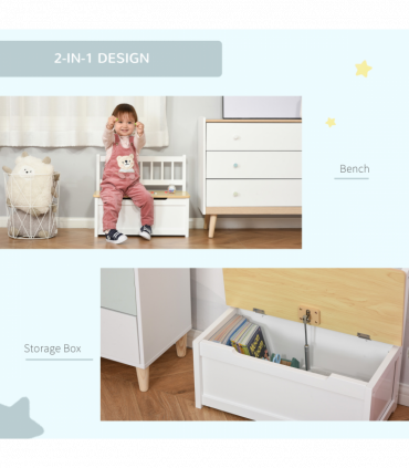 Toy Box - White MDF Pinewood 60L x 30W x 50H cm Kids Seat Bench Storage Chest