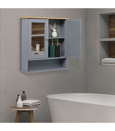 2 Mirror Door 1 Storage Layer MDF Spray Paint Bathroom Wall Cabinet Gray