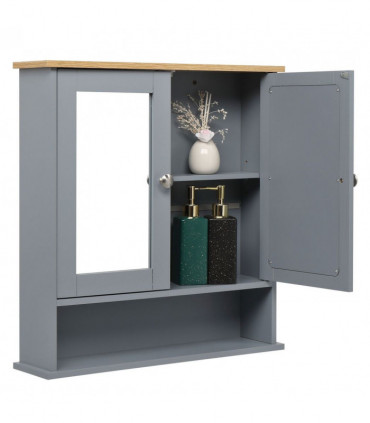 2 Mirror Door 1 Storage Layer MDF Spray Paint Bathroom Wall Cabinet Gray