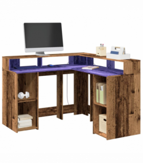 vidaXL Desk with LED Lights Old Wood 130x130x91 cm Engineered Wood
