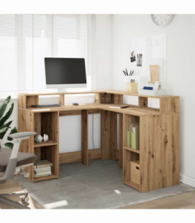vidaXL Desk with LED Lights Artisian Oak 130x130x91 cm Engineered Wood