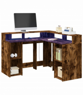vidaXL Desk with LED Lights Smoked Oak 130x130x91 cm Engineered Wood