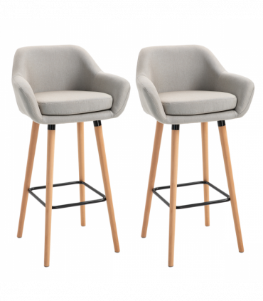 2 PCs Modern Upholstered Fabric Bucket Seat Bar Stools w/ Solid Wood Legs Beige