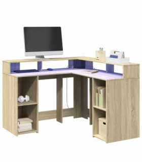 vidaXL Desk with LED Lights Sonoma Oak 130x130x91 cm Engineered Wood