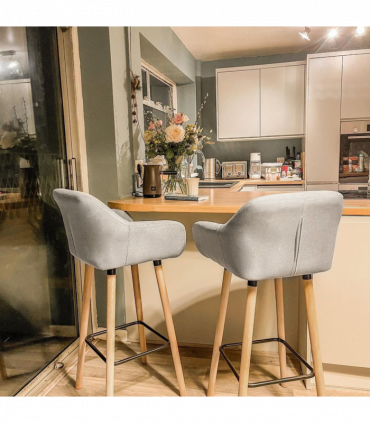 2 PCs Modern Upholstered Fabric Bucket Seat Bar Stools w/ Solid Wood Legs Beige