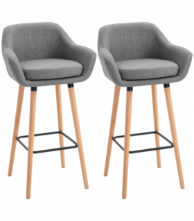 2 PCs Modern Upholstered Fabric Bucket Seat Bar Stools w/ Solid Wood Legs Grey