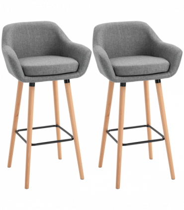 2 PCs Modern Upholstered Fabric Bucket Seat Bar Stools w/ Solid Wood Legs Grey