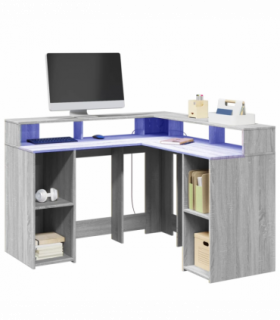 vidaXL Desk with LED Lights Grey Sonoma 130x130x91 cm Engineered Wood