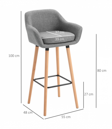 2 PCs Modern Upholstered Fabric Bucket Seat Bar Stools w/ Solid Wood Legs Grey