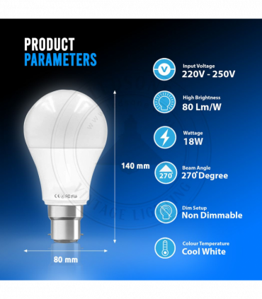 LED Light Bulbs Cool White 6000K 18W B22 Screw Energy Saving Edison Non-Dimmable